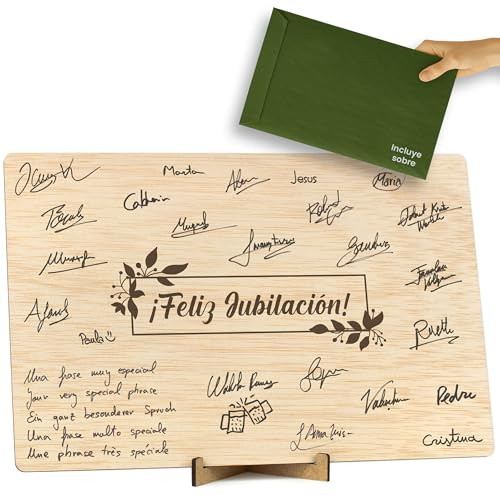 CONTRAXT Tarjeta regalo Feliz Jubilacion. Tarjeta felicitacion Libro de firmas dedicatorias Regalo original fiesta jubilacion grande en madera hombre o mujer compañeros
