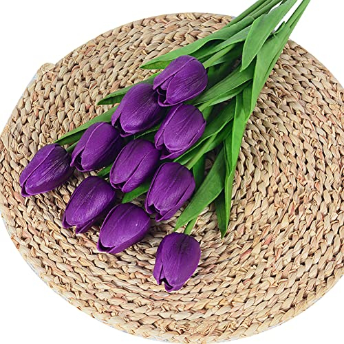 10 Köpfe Künstliche Tulpen Blumen,Gefälschter Tulpenstrauß PU Real Touch Latex Kunstblumen Tulpen Strauß,Kunst Tulpen Deko Kunstpflanze für Hochzeit Hause Party Festival Blumenarrangements,Lila