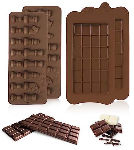 shockassist Set di 4 stampi in silicone per cioccolatini - Scacchi e forme rettangolari per dolci fai-da-te, decorazione di torte, gelati e altro ancora, resistenti a temperature da -40°C a 230°C