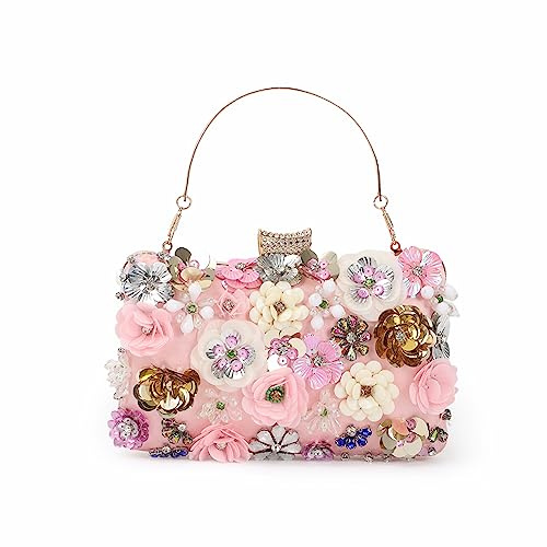 Fecialy Blomma kuvertväska för kvinnor med färgglada blommor metall strass kväll clutch-plånbok bröllop fest handväskor .., ROSA