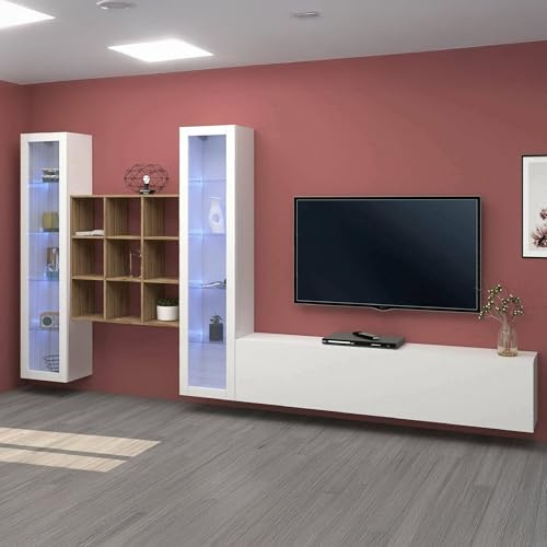 Dmora - Élément mural Egidio, meuble TV 3 portes, Meuble de salon polyvalent avec vitrine et lumière LED, 100% Made in Italy, 350x30h180 cm, Blanc brillant et érable