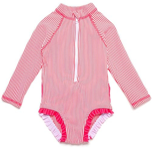 BONVERANO Traje baño bebé protección Solar UPF 50+ Cierre Cremallera con Volantes (Rayas, 6-9 Meses)
