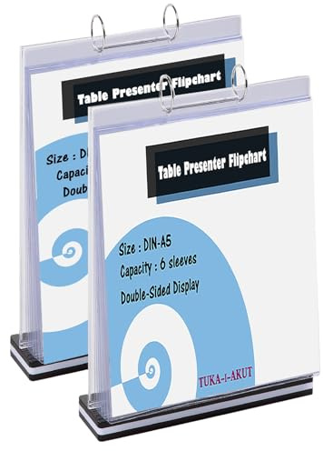 TUKA-i-AKUT 2er A5 Tisch-Flipchart aus Acryl mit Basis, Beidseitig Präsentation Flipchart, Aufstellringbuch, 6 Hüllen T Form Desktop Flip Chart, Tischaufsteller A5 Hoch Format, TKD8210-A5-2x