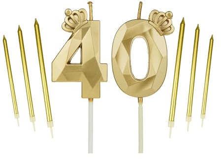 DTXLX 40th Gold Crown Birthday Candles Set, with 6Pcs Long Candles, Happy Birthday Cake Topper for Birthday Party Parties Weddings Company Anniversaries