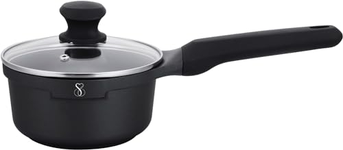 Casserole Antiadhésive à lait 16CM, Façon Pierre en Fonte Aluminium faitout Cocotte Casseroles Revêtement super AntiAdhésif Tous Feux dont Induction avec Couvercle en Verre Sans PFOA (16CM)