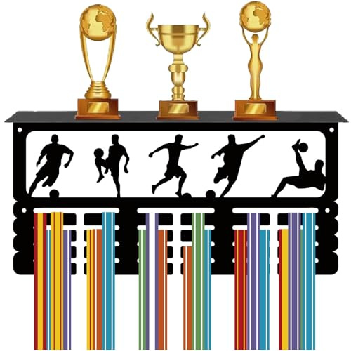 CREATCABIN Fußball-Medaillenaufhänger,Display,Trophäenregal,Fußball-Medaillenhalter Mit Regalständer,Sport,4 Reihe,Metall-Wandhalterung Zum Aufhängen Für Wettbewerb,Band,Medaillenständer,40x20x10cm