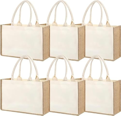 Borsa tote in iuta, 33 x 20 x 11 cm, confezione da 6 borse regalo riutilizzabili con manici, borsa da spiaggia in tela resistente all'acqua, per la spesa, per matrimoni, damigelle, shopping, fai da