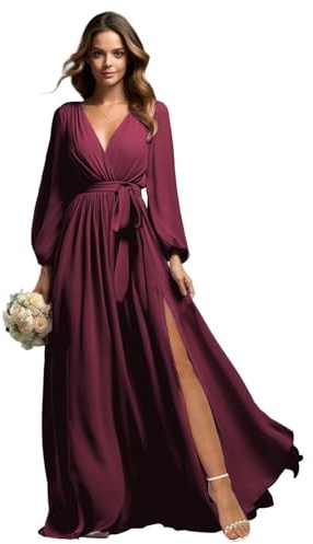 TANPAUL Damen Brautjungfernkleider Chiffon Langarm,V-Ausschnitt Abendkleider Elegant für Hochzeit Lang A-Linie Festliche Kleider für Hochzeitsgäste Maulbeere 44