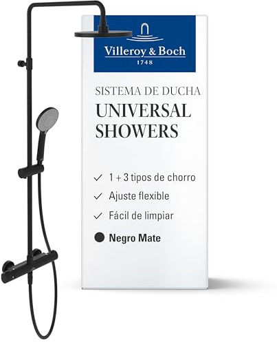 Villeroy & Boch Universal Showers sistema doccia, set doccia con supporto doccetta regolabile, doccia a pioggia e termostato, doccetta con 3 tipologie di getto, soffione rotondo, nero opaco