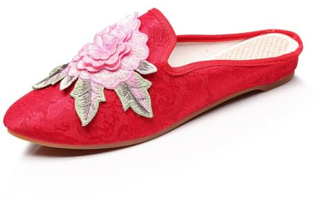 GHAKKE Women's Chinese Style Peony Floral Embroidery Mule Shoes Pointed-Toe Comfort Satin Loafers Slip On Casual Flat Shoes Summer Closed Toe Slippers(Red,6 UK)