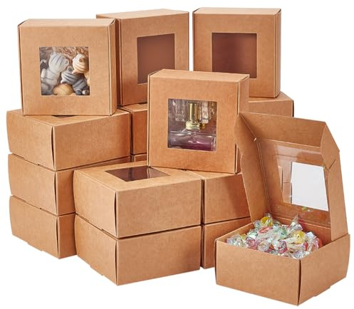 BENECREAT 16 Packungen 10x10x5cm Braune Kraftpapierbox, Geschenkboxen mit PVC-Fenster Für Schmuck Speicher Display, Hochzeit, Valentinstag