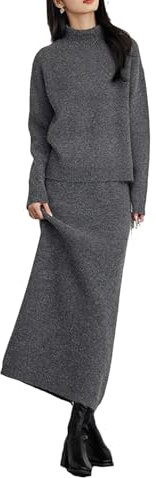 Damen Strickset Winter Dicke Warme Casual Pullover Strickpullover Top Rock Sets, grau, L