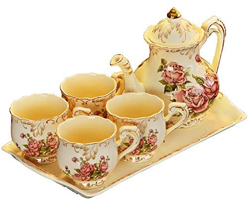 PLHBVDFWE Teeservice, 6-TLG. Nachmittagsteeservice, Keramik, weißes Rosenmuster, englisches Vintage-Keramik-Teeservice, Kaffeeservice mit Tablett