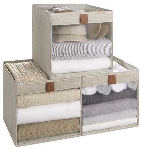 StorageWorks 11x11 Storage Cubes, Closet Storage Bins with Clear Window, Fabric Organizer for Clothes, Collapsible Storage Baskets with PU Handles, Brown and Beige, 3-Pack