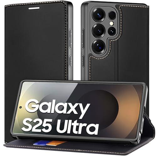 RollinCase Fodral kompatibelt för Samsung Galaxy S25 Ultra, med [Stativstativ] [Kortplats], Flip Mjukt PU-läder Stötsäkert Hölster för Samsung S25 Ultra 5G 2025, svart