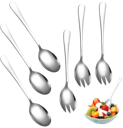 CANCYCC 6 stück Salatbesteck Edelstahl Vorlegebesteck, 2 In 1 Salatbesteck 20cm Hochglanzpoliert Göffel Salatlöffel Nudellöffel, Salatgabeln Vorlegelöffel, Servierlöffel Groß für Familie Hotels