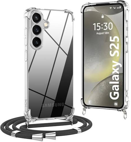 OLEPHY Handykette für Samsung Galaxy S25 5G Hülle mit Band, Schwarz | Necklace Hülle mit Band, Handyhülle zum Umhängen, Soft Transparent Case mit Kordel, Stoßfeste Schutzhülle,