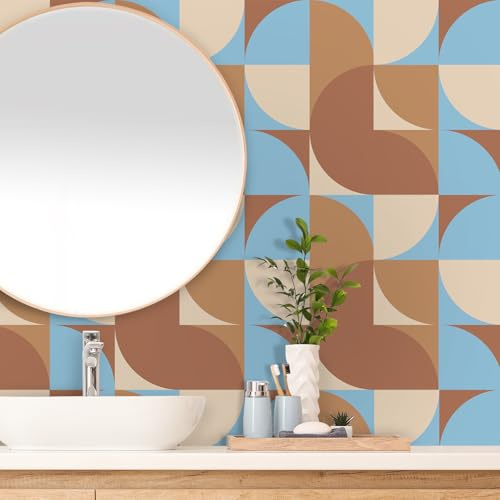 VaryPaper Geometrische Tapete Selbstklebend Blau Braun Modern 44.5cmx200cm Klebefolie Bunt Möbelfolie Muster Matt Fototapete Schlafzimmer Wohnzimmer Schrank Folie Selbstklebend Kommode Bücherregal