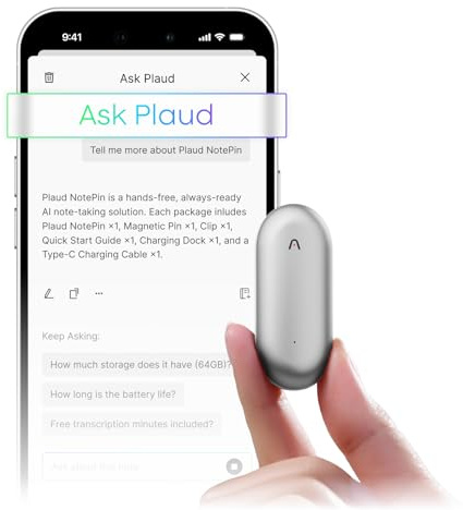 Plaud NotePin Voice Recorder, AI Voice Recorder, App Control, AI Notetaker, AI Transcribe & Summarize, Support 112 Languages, 64GB Memory, Audio Recorder for Lectures, Meetings, Lunar Silver