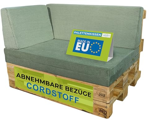 Pillows24 - Palettenkissen 3-teiliges Set aus Cordstoff | Sitzkissen & Rückenkissen für Europaletten 120x80 | Weiche Palettenauflage für Wohnzimmer, Garten oder Balkon | Made in EU | Grün