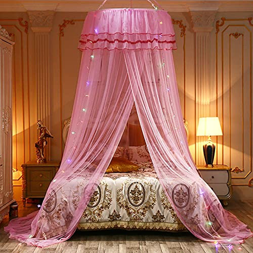 QHLMLL Cupola per zanzariera, Tenda per Rete a baldacchino per Letto Principessa in Pizzo Rotondo con luci a Stella per Decorazioni, Tenda per zanzare per la casa e Il Viaggio,Rosa
