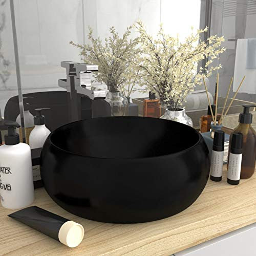 Gecheer Luxuriöses Waschbecken Waschschale Waschtisch Aufsatzwaschbecken Waschplatz Handwaschbecken Rund Matt Schwarz 40x15 cm Keramik