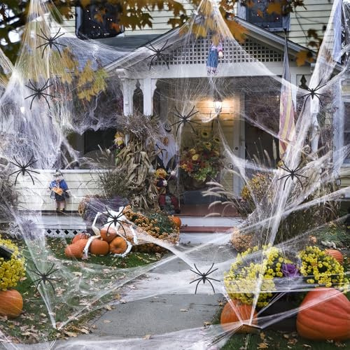 SSKHE Tela de Araña Halloween,240g Telarañas Elásticas con 60 Arañas Falsas Realistas, Telaraña Halloween Decoracion, para Interiores Exteriores Jardines Garajes Fiestas Casa Embrujada