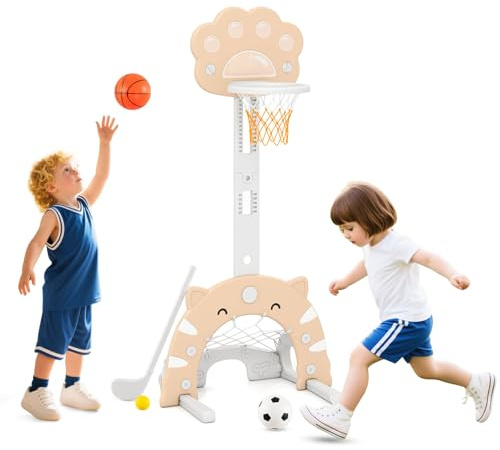 HOMASIS Canasta de Baloncesto Infantil 3 en 1, Altura Ajustable, Soporte de Baloncesto Multifuncional con Fútbol y Golf, Juguete Deportivo para Niños de 3+ Años (Gris + Mocha)