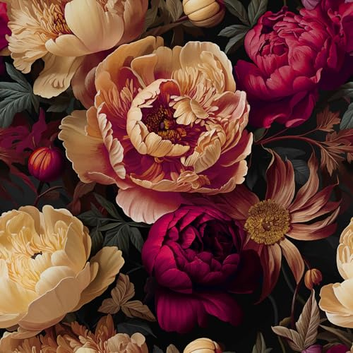 CRE8TIVE Papier Peint Autocollant Fleurs Jaunes Fleurs Rouges Noir avec Grandes Pivoines Peinture à l'Huile Vintage Film Adhésif pour Salon Chambre Meubles Crédence Armoire Cuisine 30,5 x 300 cm