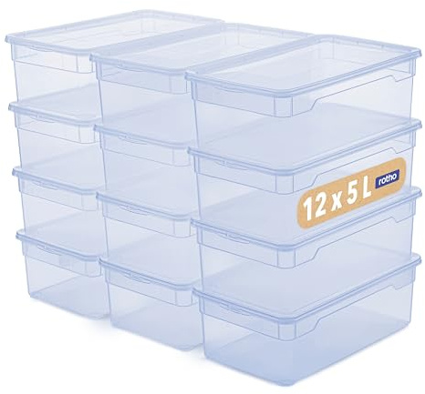 Rotho Clear Aufbewahrungsbox mit Deckel 12er-Set 5 L in transparent Blau | Aufbewahrungsboxen, stapelbar und platzsparend, sicher verschließbar, transparent blau, 12er-Set mit je 5 L, pflegeleicht