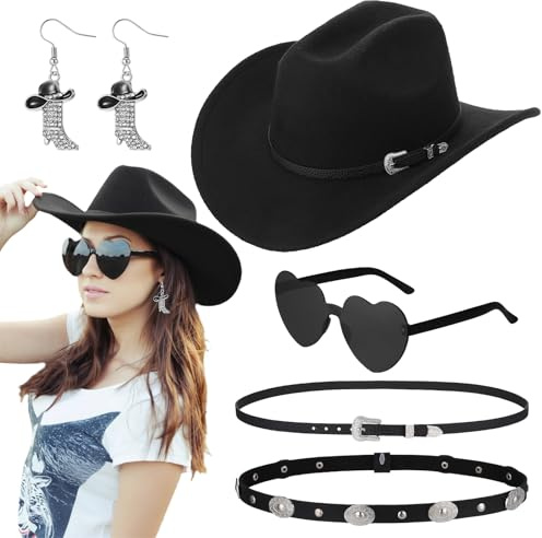 kodinsiivous Cowboyhut mit 2 Band für Damen Herren,Westernhut Fedora Hut Breiter Krempe mit 1 Western Cowgirl Ohrringe 1 Schwarz Brille