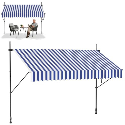 Froadp Klemmmarkise Markise Einziehbar Manuell Sonnenschutz Balkon Ohne Bohren UV-Schutz Wetterfest Höhenverstellbar Gelenkarmmarkise mit Handkurbel für Garten Terrasse 250x120cm Blau-weiße Streifen