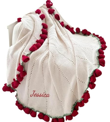 Bocheng Coperta lavorata a maglia, con bouquet di rose all'uncinetto, personalizzabile con nome ricamato, coperta per compleanno, matrimonio, San Valentino, Natale (160 cm, 99 fiori)