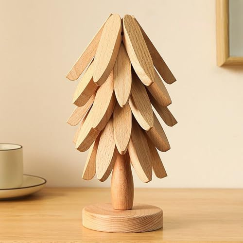 Salvamanteles de Madera para Platos Calientes, Juego de Salvamanteles en Forma de árbol, Almohadillas Plegables Resistentes al Calor para Platos Calientes, Almacenado como un árbol (#B 5 Piezas)
