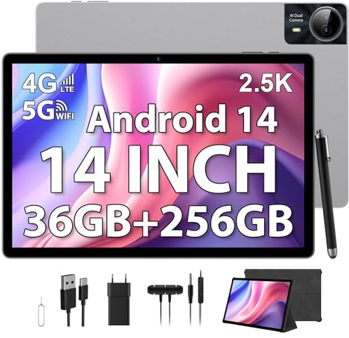 PIXGOOD 2.5K Android 14 Tablet 14 Zoll, 4G LTE/5G WiFi, INCELL 2240 x 1400, 11580 mAh, 36 GB RAM + 256 GB ROM (Erweiterung 2 TB), Octa-Core, 13 MP + 8 MP, Tablet mit Hülle/GPS/Bluet 5.0 (Sliver)