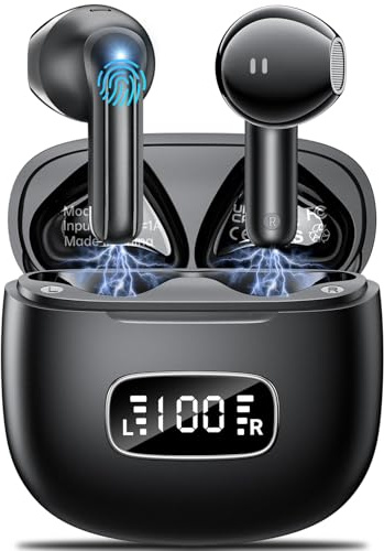 Ecouteurs Bluetooth sans Fil, Godyse Oreillette Bluetooth V6.0 avec 4 ENC Réduction Antibruit Mic, Écran LED 42H Durée HiFi Stéréo IPX7 Étanche Ecouteur Pour Courir/Sport/Travail,pour iOS Android,Noir