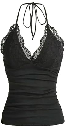 XYNM Damlinne Goth Grunge Punk Svart Spets Lapptäcke Toppar Axelband Sommar Solid Ruched Backless Ärmlös Streetwear Y2k Kläder-Svart-l