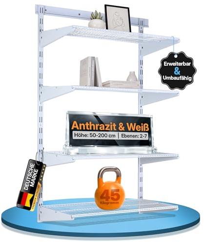 BOOMET Wandregal Metall Weiß mit Drahtboden · 28 Varianten · 50x60x30cm (HxBxT) 2 Böden · Flexibles Wandschienen Regalsystem für Ankleide, Vorratsraum, Büro, Garage, Keller & Werkstatt
