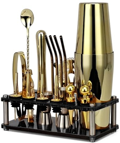 Juego de coctelera dorada 20 piezas con soporte acrílico giratorio, for bebidas mixtas, Martini, hogar, Bar, herramientas cocina(Gold Boston)