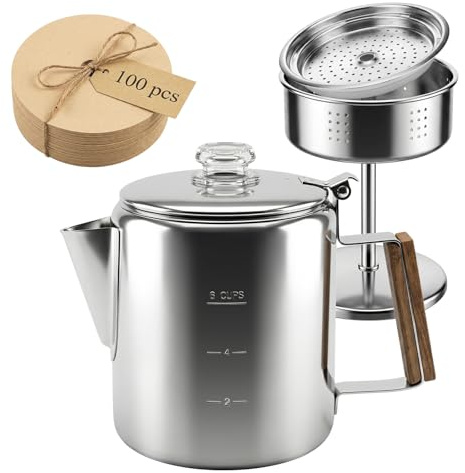 Eyoulife Perkolator kaffekanna 1 l 304 rostfritt stål kaffekanna för spisen innehåller 100 filterpapper, kaffekokare, camping, kompatibel med gasspisar, induktionshällar, campingspis