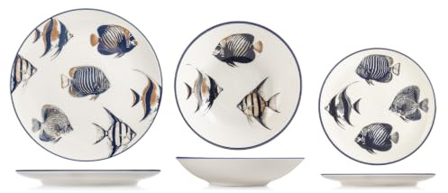 H&H Harbor Service de table 18 pièces en grès décoré, service de table complet pour 6 personnes, design marin avec décor poisson, assiettes plates Ø 26 cm, assiettes creuses Ø 25,5 cm et assiettes à