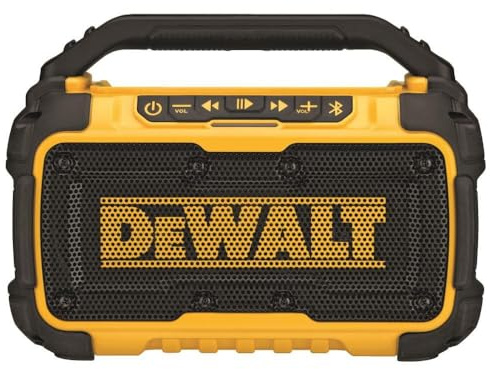 DEWALT 20V MAX Bluetooth Speaker, 100 ft Range, Durable for Jobsites, Phone Holder Included, Lasts 8-10 Hours with Single Charge (DCR010)