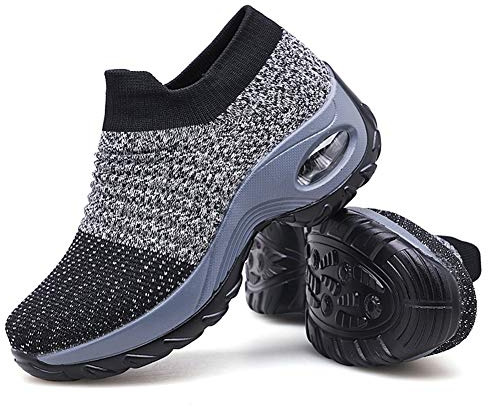Slow Man Women's Walking Shoes Sock Sneakers - Mesh Slip On Air Cushion Lady Girls Modern Jazz Dance Easy Shoes Platform Loafers Grey,8