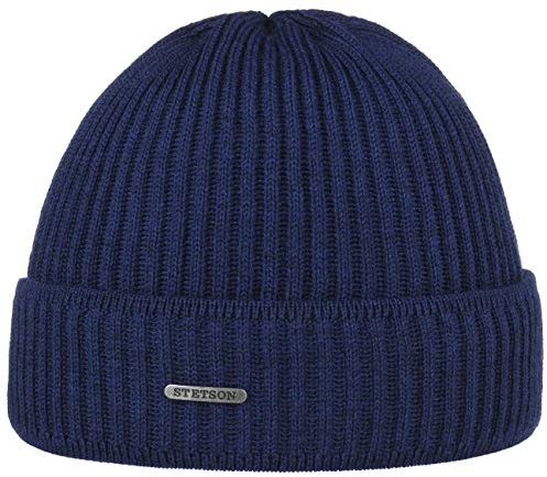 Stetson Parkman Mütze Strickmütze Umschlagmütze Rippmütze Damen Herren Made in EU Herbst Winter 100% Merinowolle saphirblau One Size