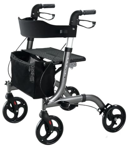 Andador Rollator para minusválidos de aluminio, diseño más moderno y una estructura más completa, ancianos, ligero, plegable, frenos manuales, con asiento, cesta y ruedas giratorias delanteras.