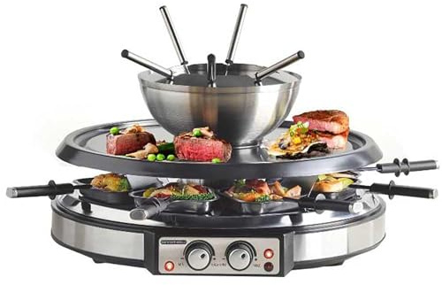 GIVENEU 2-in-1 Electric Fondue Pot Set & Raclette Grill Combo (8 Person), 1500W Indoor Tabletop BBQ with 600ml Stainless Steel Cheese/Chocolate Melting Pot, Dual Thermostats for Holiday Family Parties
