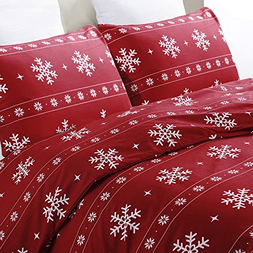 YEPINS Weihnachten Bettwäsche 155x220 Rot Schneeflocken Mikrofaser Weihnachts Motiv Bettbezug Set 2 teilig - 1 Bettbezug 155x220 cm mit Reißverschluss + 1 mal 80x80cm Kissenbezug