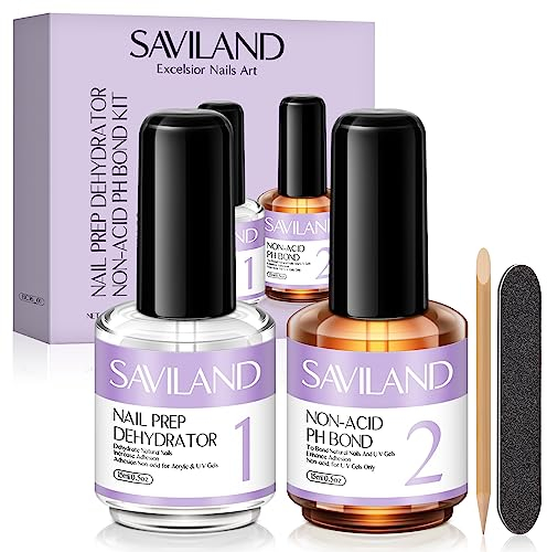 Saviland Nail Primer and Dehydrator- Acid Free Natural Nail Dehydrator and Nail Primer & Protein Bonding Acrylic Nail Kit Gel Nail Polish Superior Bonding Acrylic Nail Supplies Profession Salons