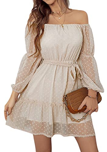 BebreezChic klänning dam elegant långärmad off-axel enfärgad swiss prick luftig sommarklänning miniklänningar festklänning strandklänning med bälte, Beige, S