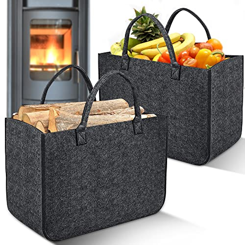 Borsa per Legna da Ardere in Feltro, 2 Pezzi Borse Spesa Cesto per Legno, Pieghevole Portalegna da interno per Camino, per Shopper, Portariviste da Terra, Giornale, Vestiti, Giocattoli (Grigio Scuro)